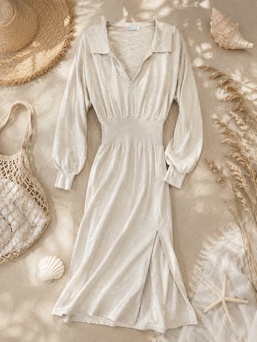 Free People FP Beach Collared Sweater Midi Dress Oatmeal Coastal Boho Size S